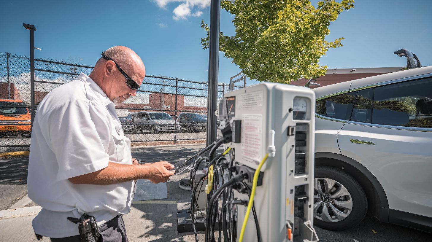 Maintenance man in white uniform working on level 3 EV charger,