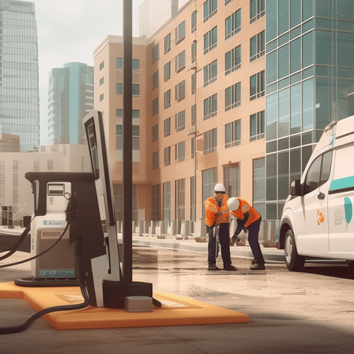 An couple EV installers that are installing a level 3 charging station.